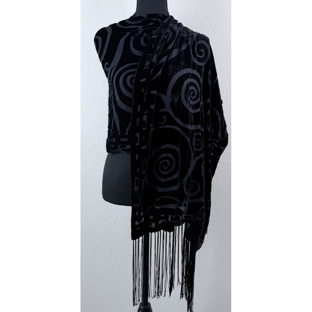 Chico's Silk Velvet Burnout Shawl Wrap Black Fringe Art Deco 88x20 Spiral Scarf